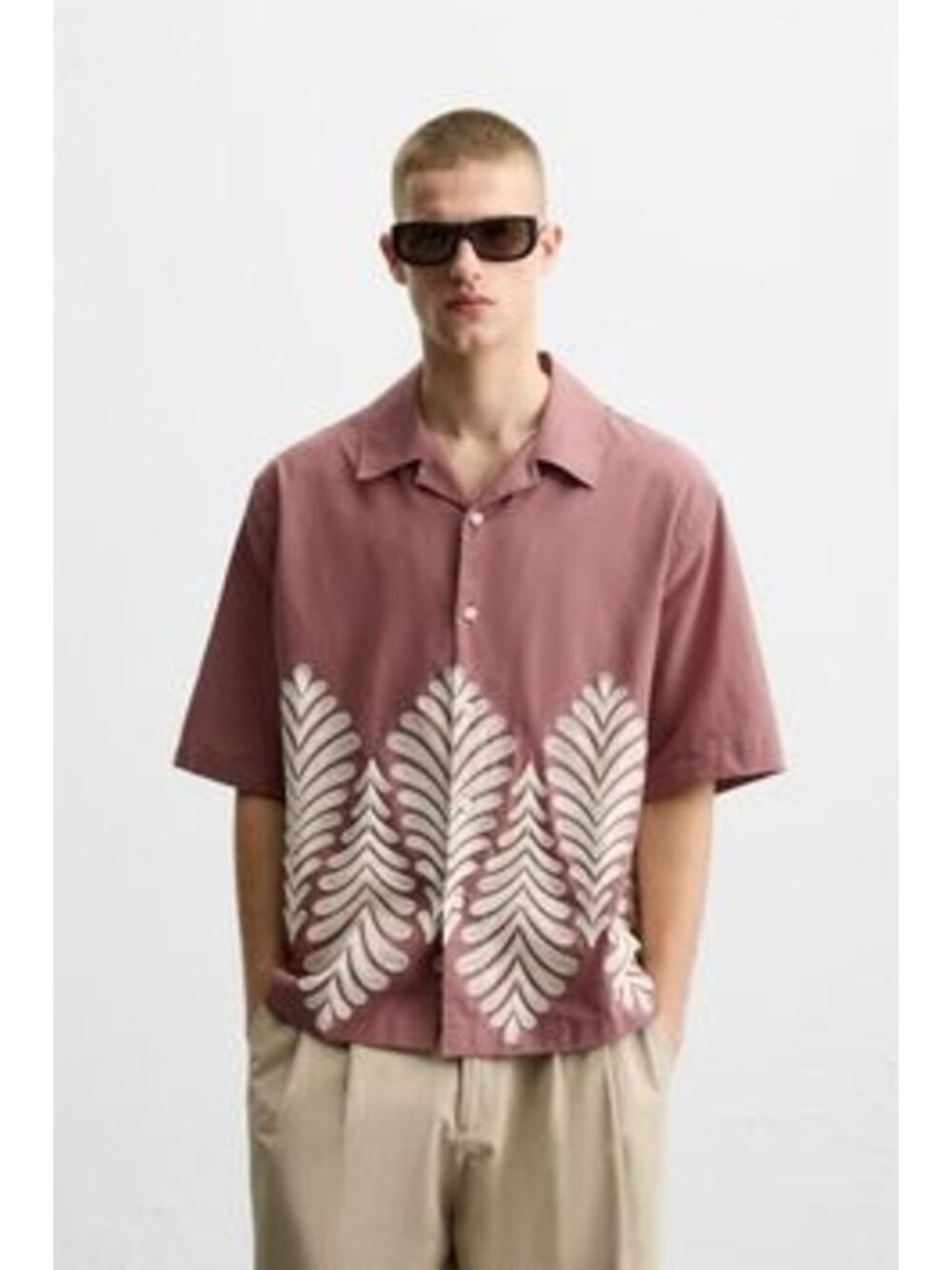 Zara Mens Palm Embroidered Button Up Shirt Small Mauve Short Sleeve 2688/130 NWT